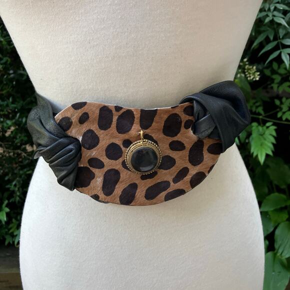 Handmade Accessories - Handmade Leather Belt OOAK Tie Wrap 41” Black Cheetah Faux Fur Mobwife Bohemian